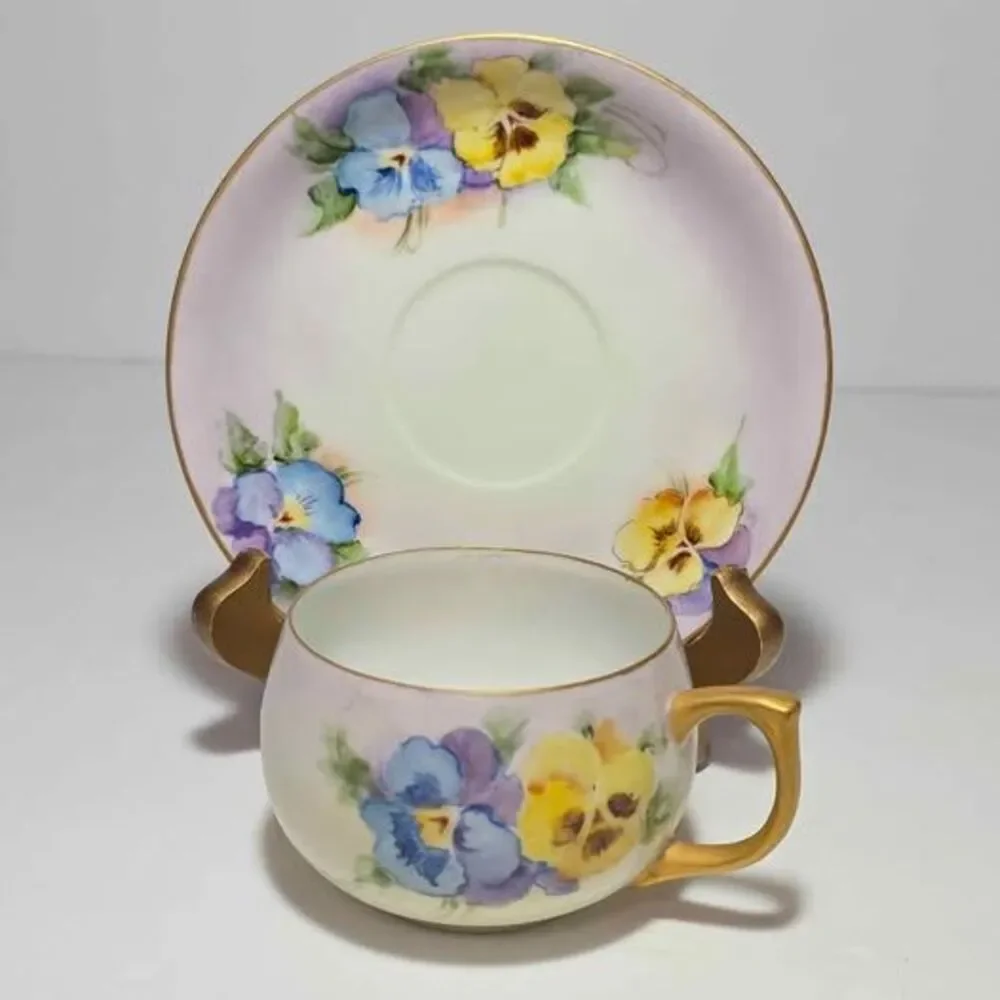 Sweetpea Teacup and Saucer Hand Painted Vintage Artist Signed 1964